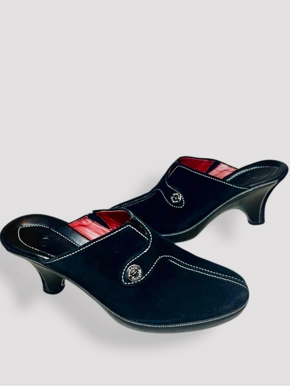 COLE HAAN Black Suede Leather Shoes 3” Heeled Mules w Stitching & Button